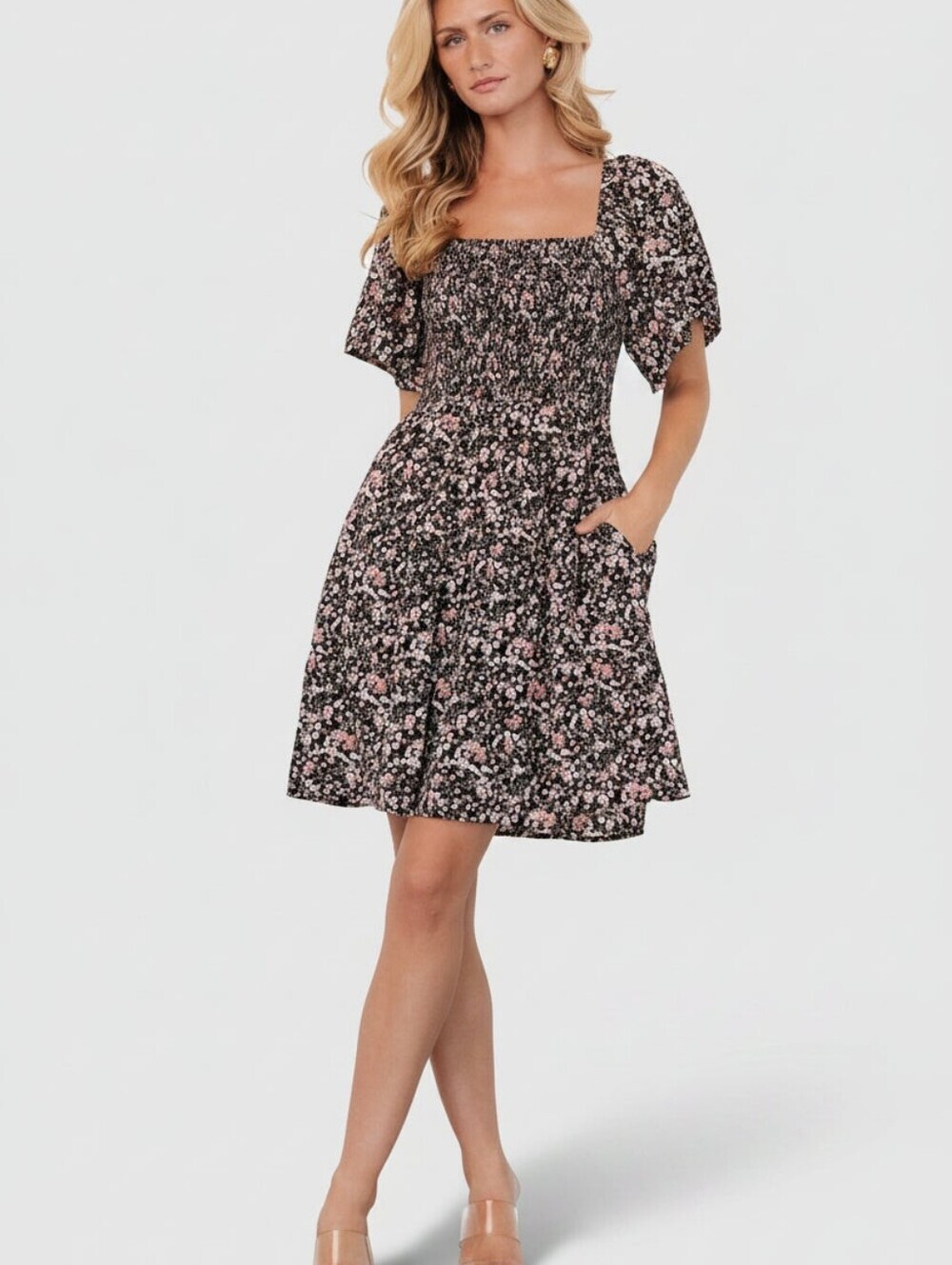 Floral Smocked Square-Neck Midi Dress in Black and Pink, Size Large